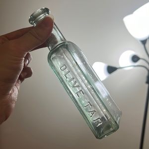 J.R. Stafford olive tar corktop aqua tinted antique vintage glass bottle